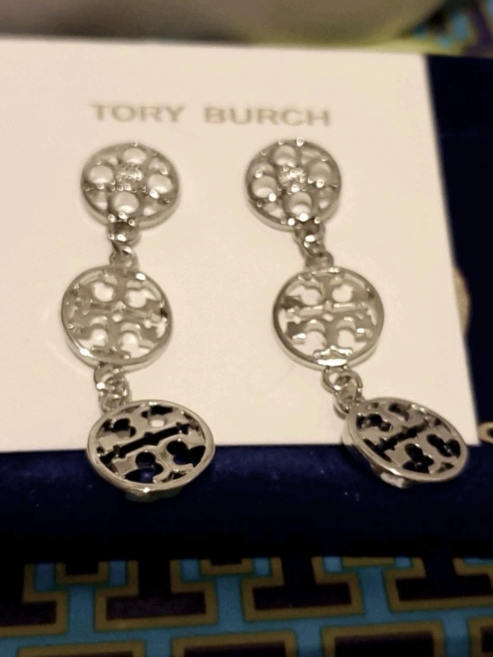 Tory Burch silver triple logo drop earrings MSRP $149 - Picture 3 of 5